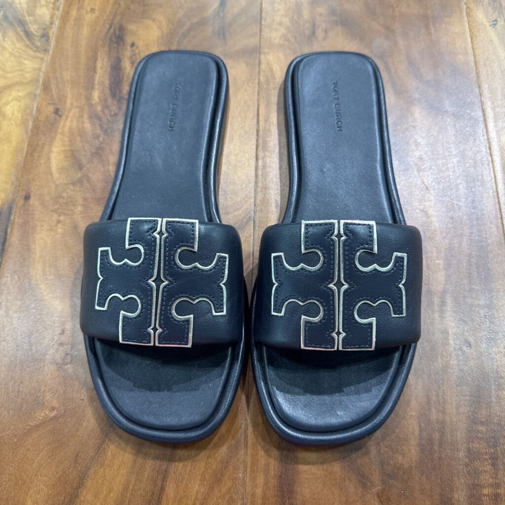 TORY BURCH,TB DOUBLE T SPORT SLIDE ,NAVY SILVER,9