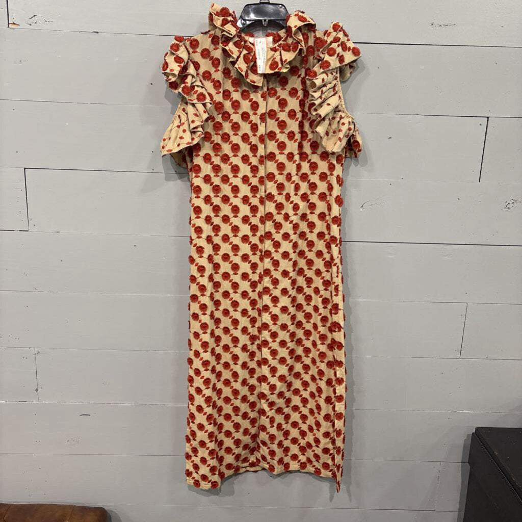 *STRAIGHT RUFFLED SLV DRESS,RUST/CREAM,S