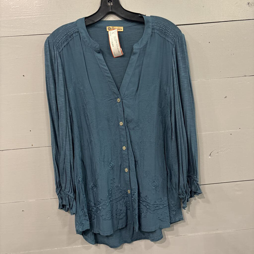 DEMOCRACY,PATTERNED SOLID BLOUSE,BLUE,M