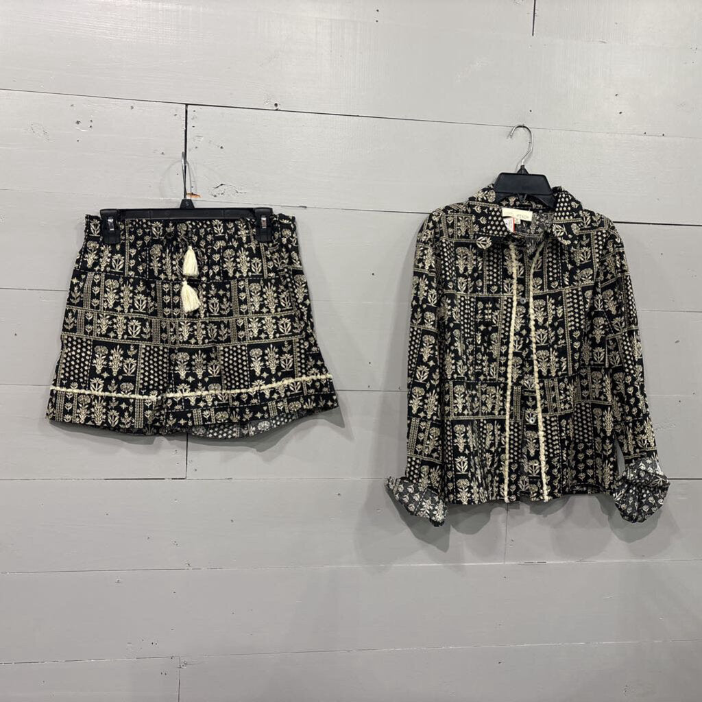 PINCH ME,PATTERNED TOP/SHORT SET,BLK/CREAM,M