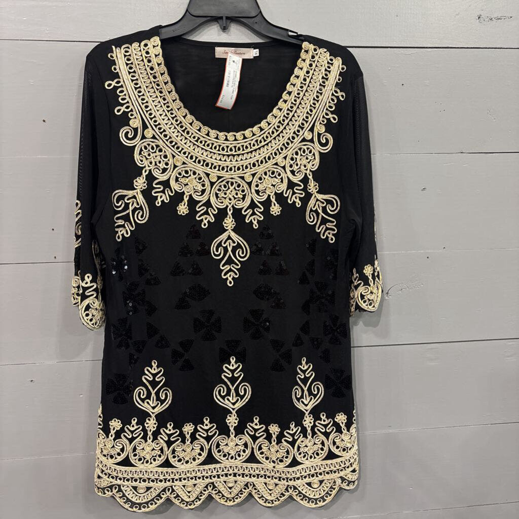 SIMPLY COUTURE,EMBELLISHED TUNIC TOP,BLK/CREAM,XL