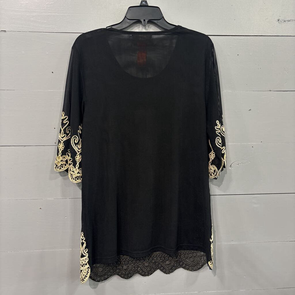SIMPLY COUTURE,EMBELLISHED TUNIC TOP,BLK/CREAM,XL