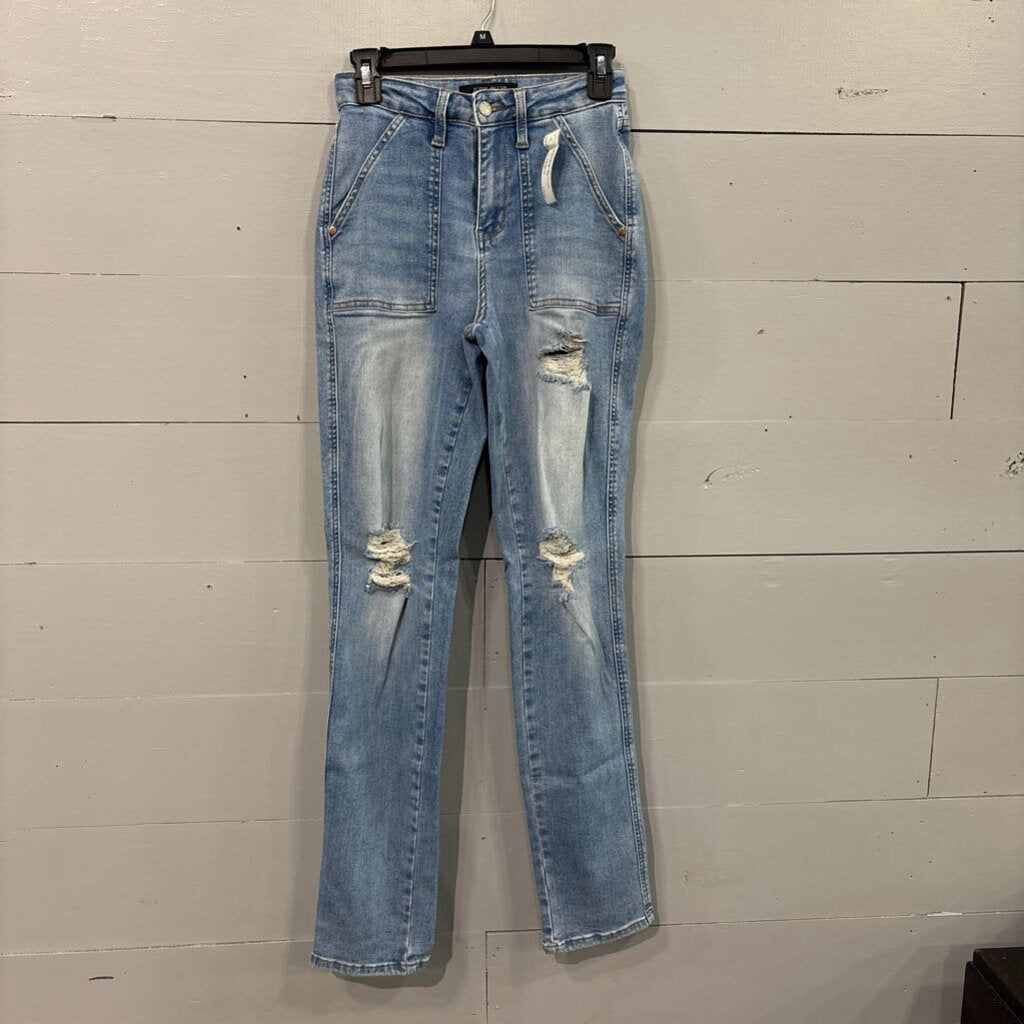 JUDY BLUE,DENIM RIPPED BOYFRIEND JEANS,BLUE ,3/26
