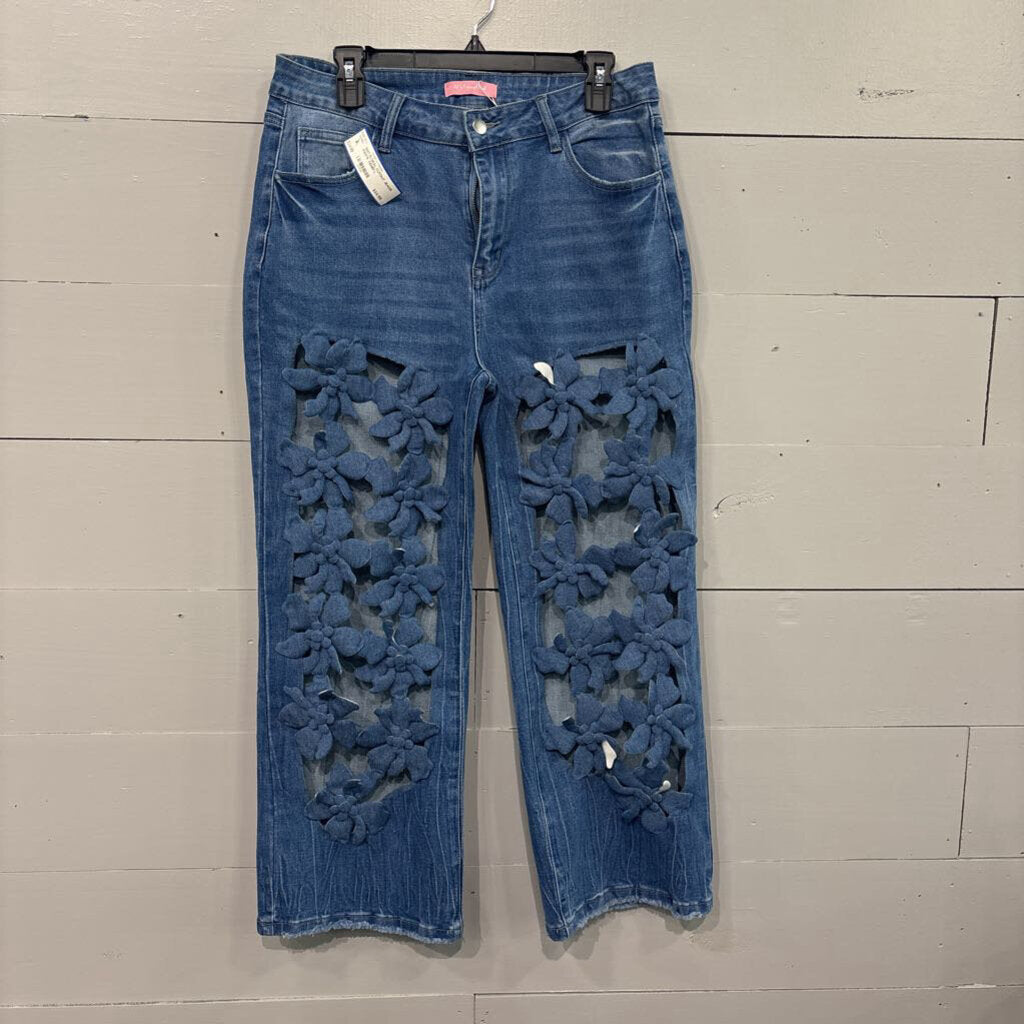 JJ'S FAIRYLAND,NWT FLORAL CUTOUT JEANS PANTS ,DENIM,L