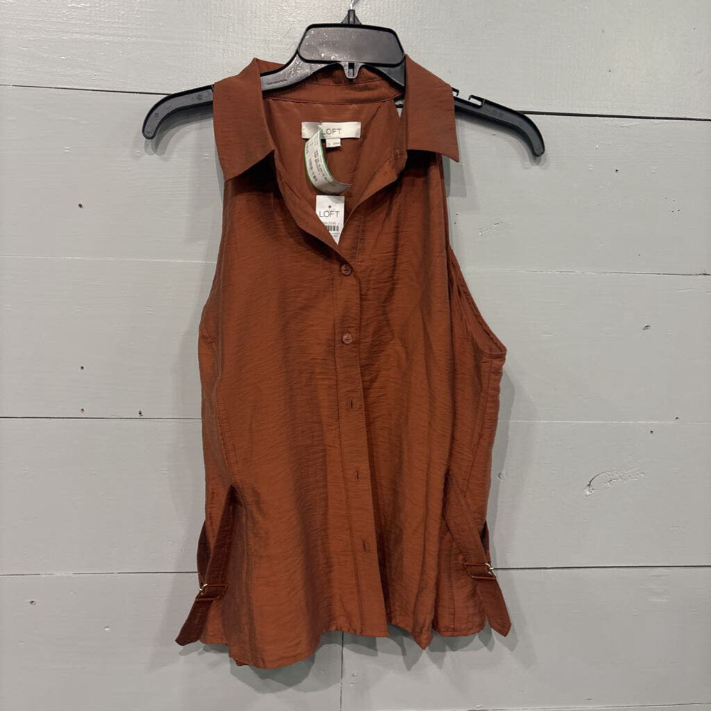 LOFT,NWT NO SLEEVE BUTTON TOP,BROWN,L