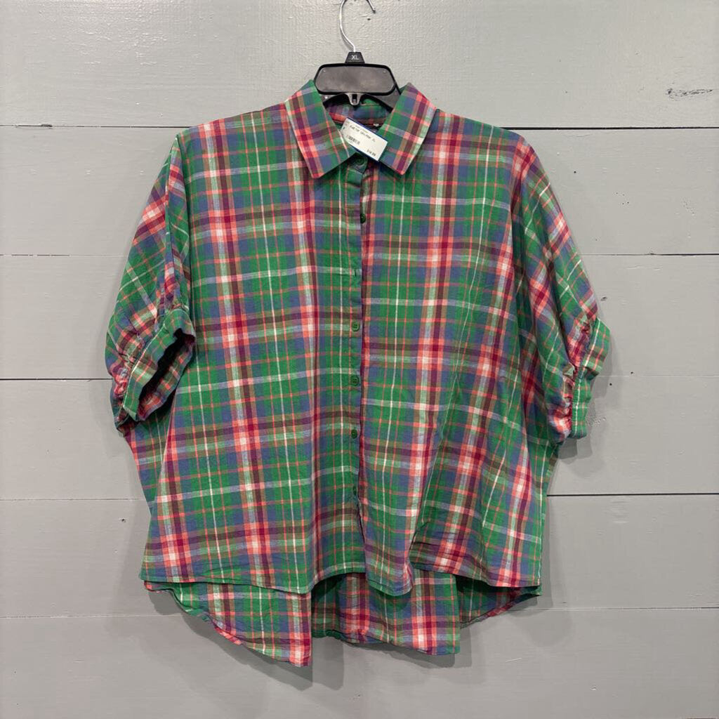 SOFT SURROUNDINGS,PLAID TOP ,GRN PINK ,XL