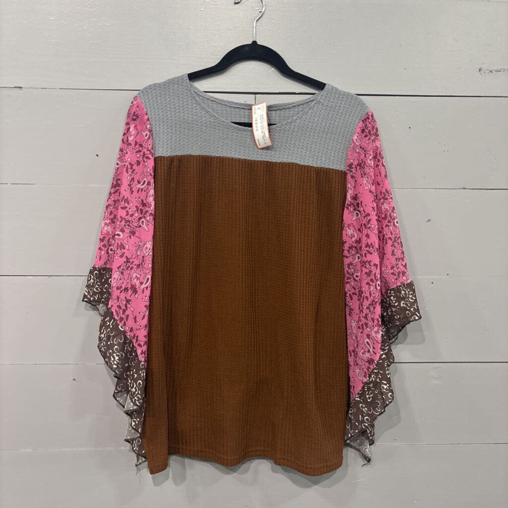UMGEE,WAFFLE FLORAL SHEER SLVE TOP ,BRN GRY MULTI ,2X