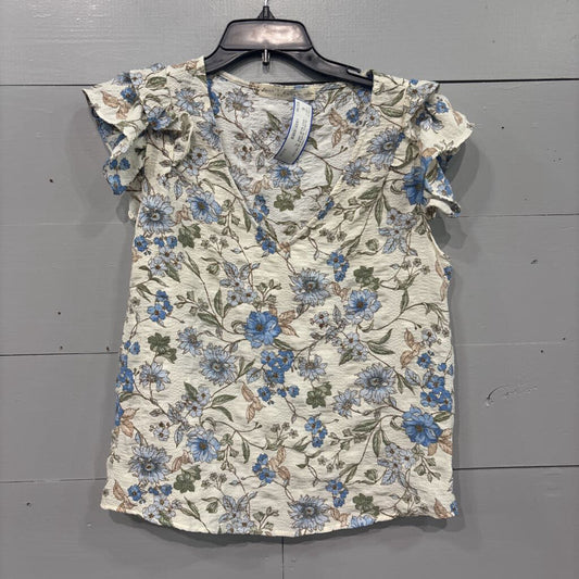 NANETTE LEPORE,FLORAL RUFFLE SLVE TOP ,WHT BLUE GRN ,XL