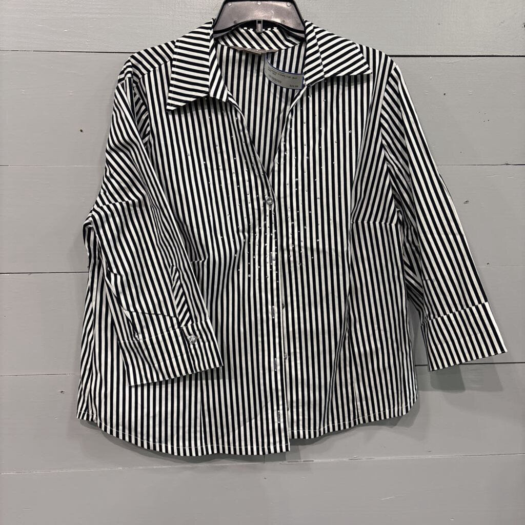 TAN JAY,COLLARED STRIPE TOP ,BLK WHT ,16W