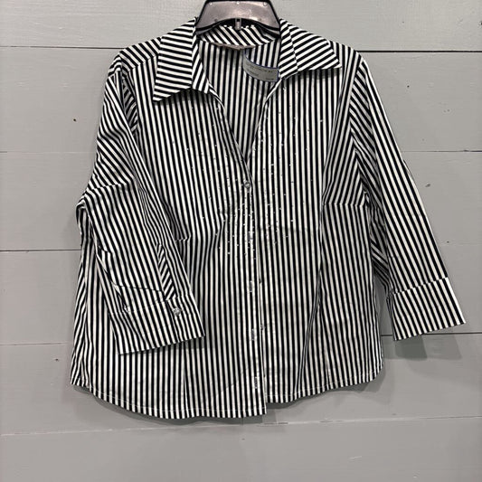 TAN JAY,COLLARED STRIPE TOP ,BLK WHT ,16W
