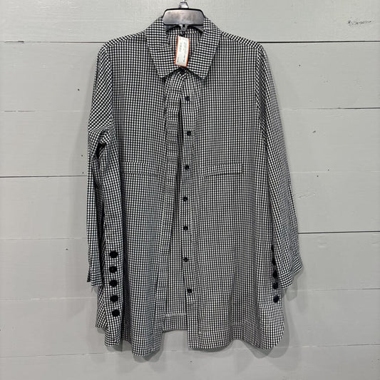 PLAID BUTTONUP TUNIC TOP,BLK WHT ,XL
