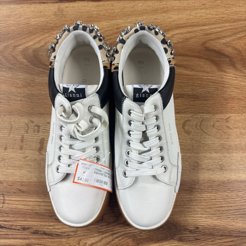GIANNA BINI,TRENDY LEOPARD JEWELED SNEAKER,BLK WHT,8.5
