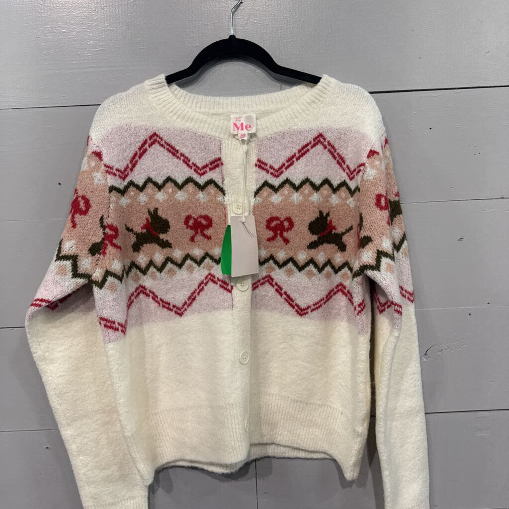 SO ME,NWT BUTTON RABBIT BOW SWEATER ,IVORY RED,M