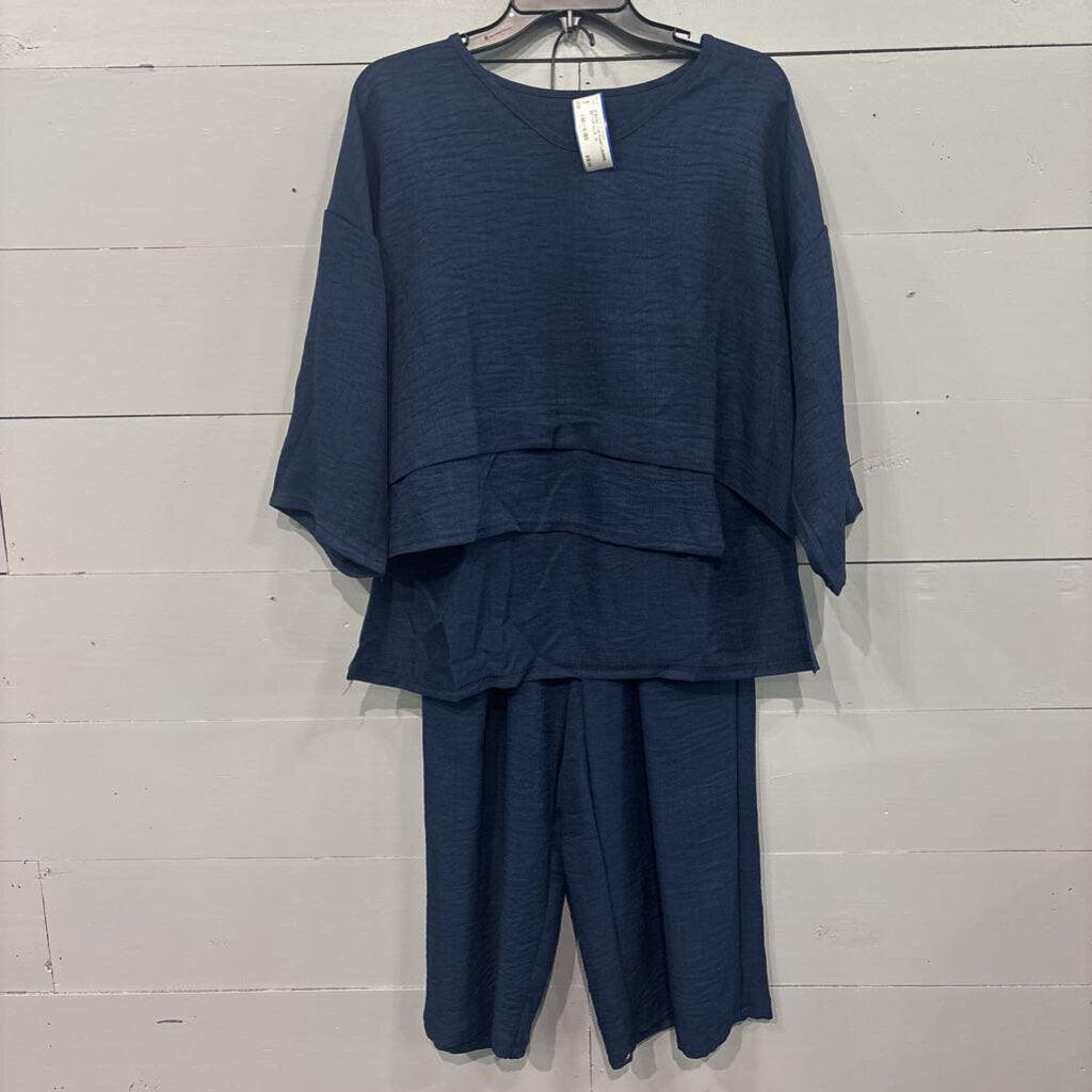 2P BASIC TOP PANT LOUNGE SET TOP,BLUE ,M