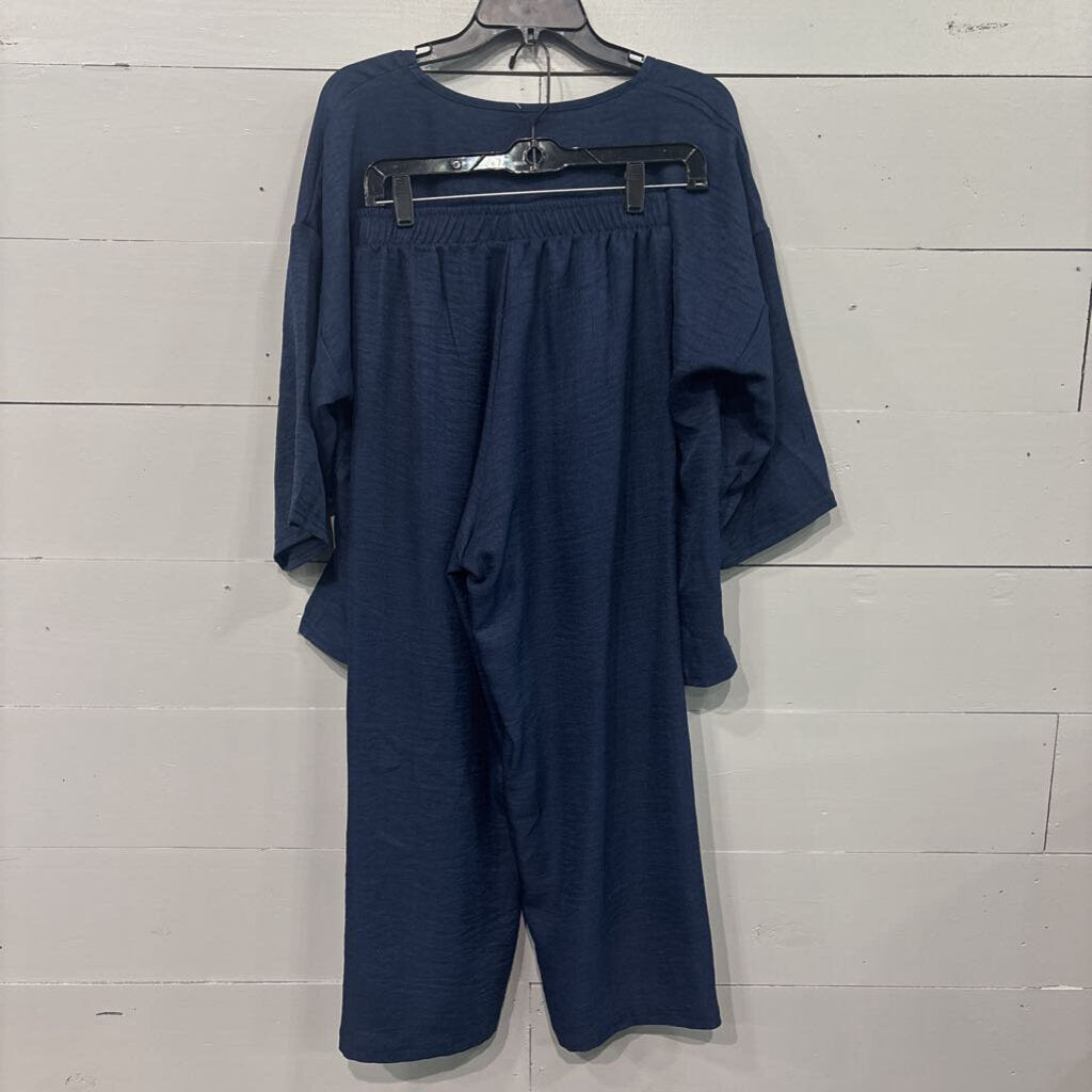 2P BASIC TOP PANT LOUNGE SET TOP,BLUE ,M