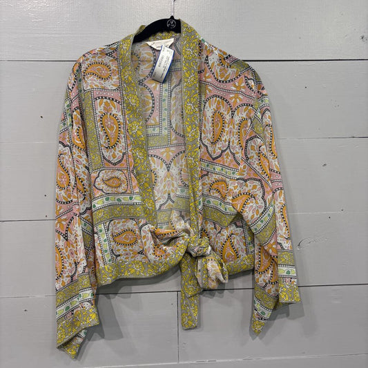 ANTHROPOLOGIE,SHEER PATTERNED KIMONO ,WHT MULTI,OS