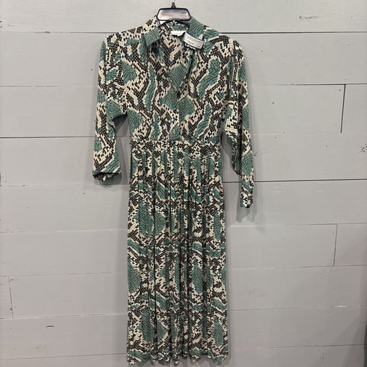 TOP SHOP,SNAKESKIN PLEATED DRESS,BLK TAN AQUA ,4