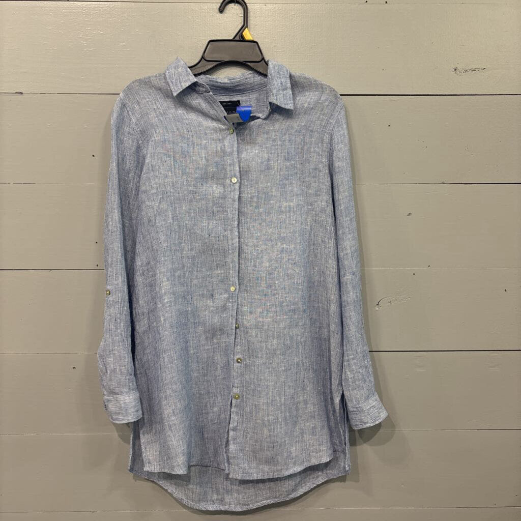 TAHARI,LINEN TUNIC TOP ,BLUE ,S