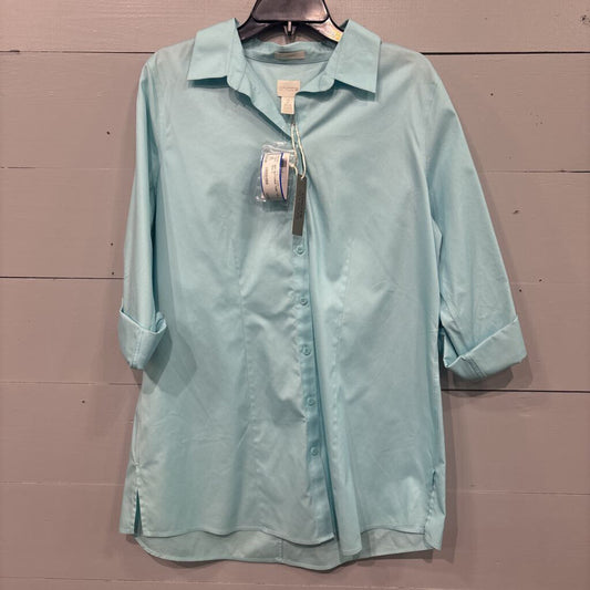 CHICO'S,NWT BUTTONUP TUNIC TOP,TEAL,2