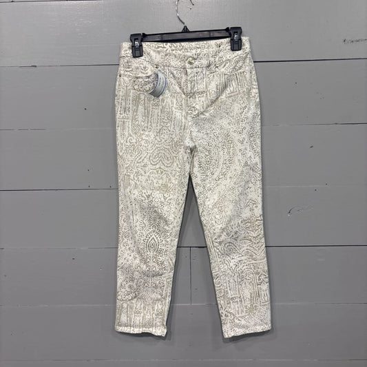 PATTERNED ANKLE CROP PANT,TAN WHT,0