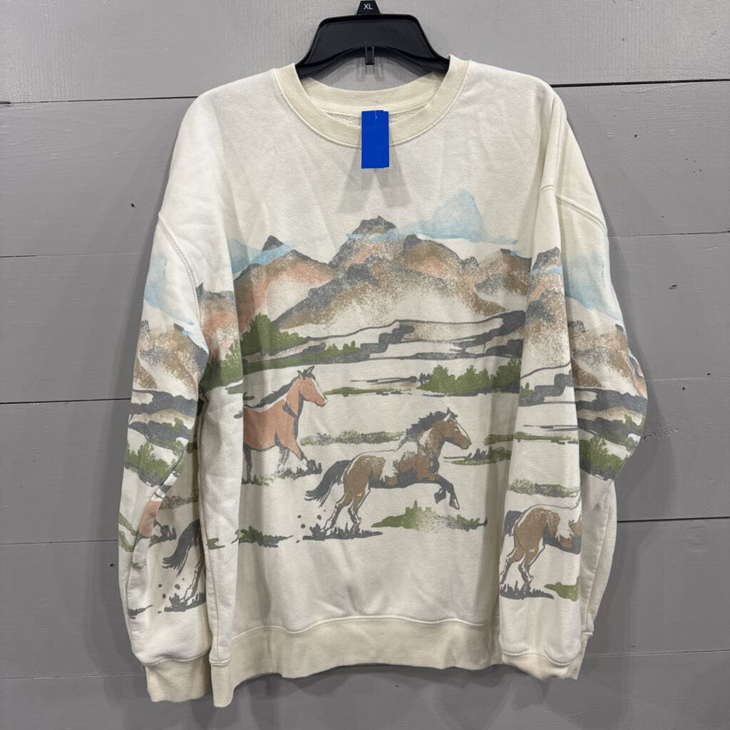 ALTAR'D STATE,HORSE CREWNECK SWEATER,WHT GRN BRN ,L