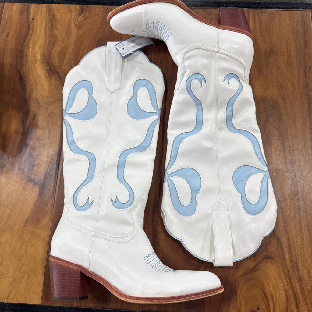 WESTERN BOW KNEE BOOT ,WHT BLUE,9