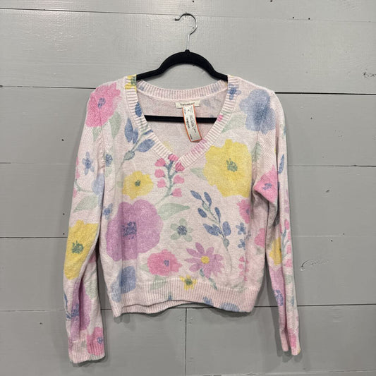 FRANCESCA'S,*SOFT FLORAL V NECK SWEATER,PINK ,M