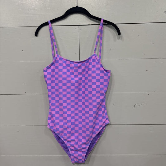 *CHECKER PRINT ONE PIECE SWIMSUIT,PINK & PURPLE,M