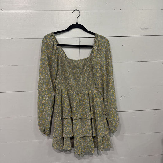 ENTRO,*RUFFLE FLORAL PUFF SLEEVE DRESS,GREEN,M