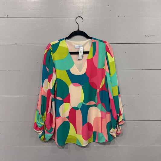ADRIENNE,*V NECK PUFF SLEEVE TOP,MULTI,M