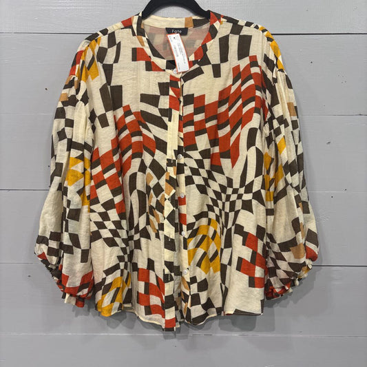 FATE,*PATTERNED BUTTON UP TOP,CREAM,L