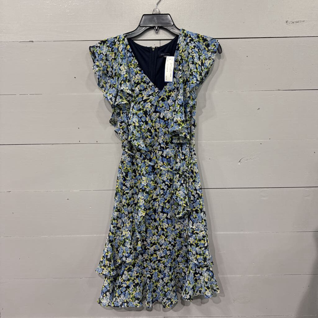 *FLORAL V NECK DRESS,NVY YEL GRN ,6