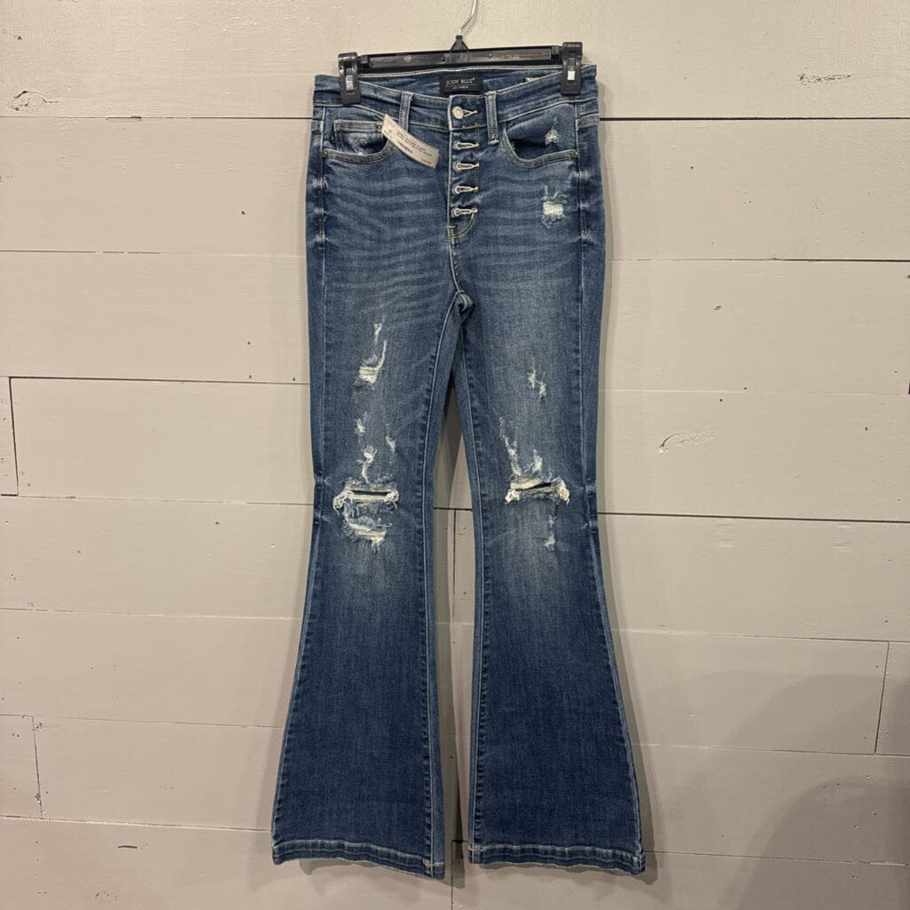 JUDY BLUE,*DENIM TROUSER FLARE SILVER MULTI BUTTON JEANS,BLUE ,25