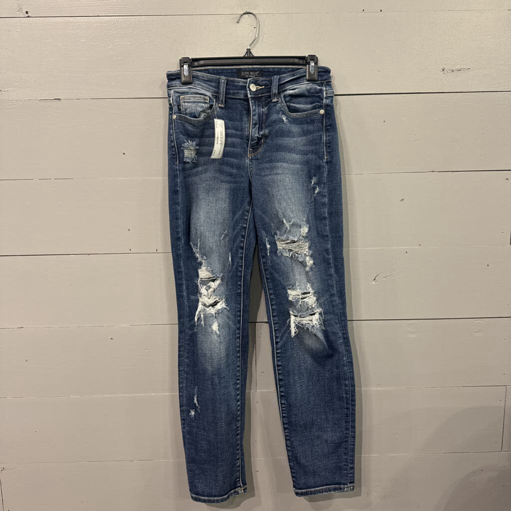 JUDY BLUE,DENIM BOYFRIEND FIT RIPPED JEANS,BLUE ,26
