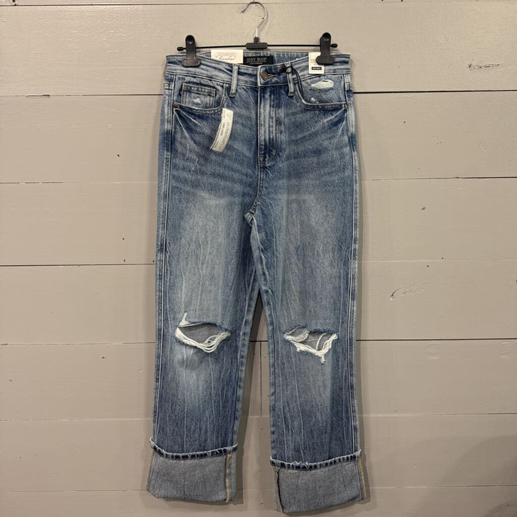 JUDY BLUE,*NWT DENIM HIGH WAIST SLIM STRAIGHT RIPPED JEANS,BLUE ,26