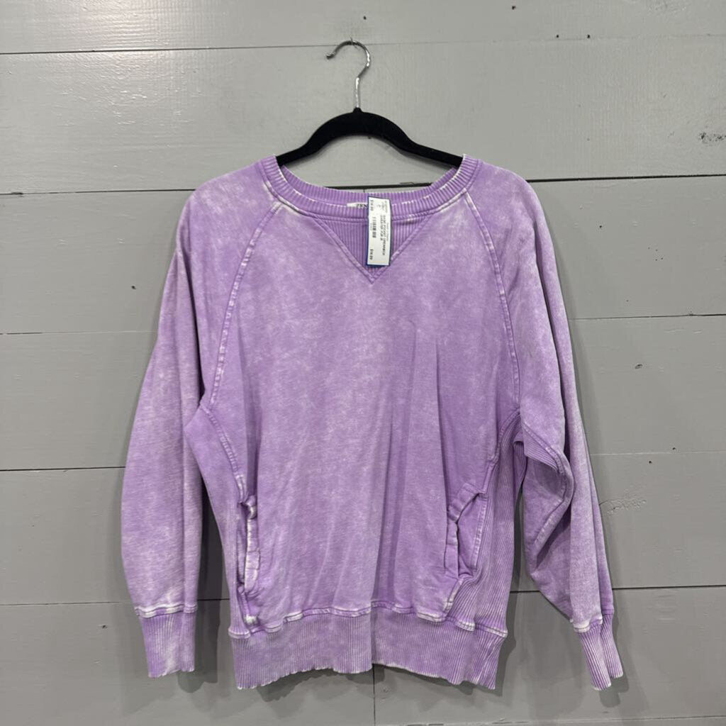 ZENANA,BASIC POCKET CREWNECK SWEATER,PUR,M