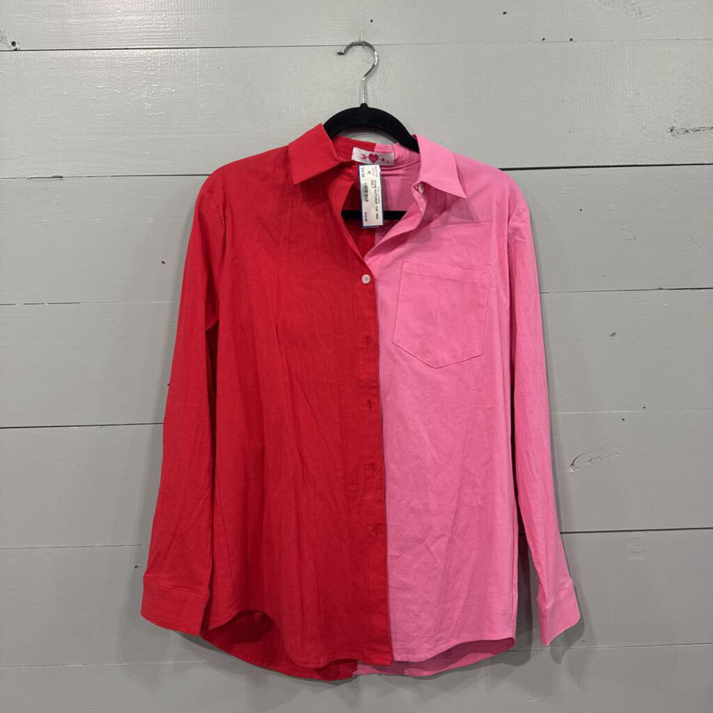 2TONE BUTTONUP TOP ,PINK RED,S