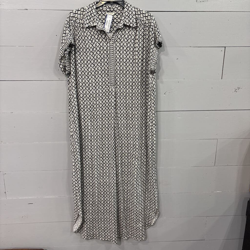 MAX STUDIO,PRINT SHORT SLEEVE LONG DRESS,BLK WHT,L