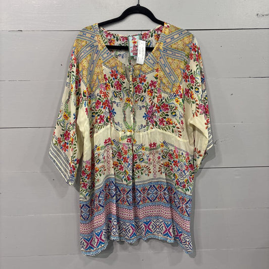 JOHNNY WAS,JW SHEER FLORAL TOP ,IVORY MULTI ,L