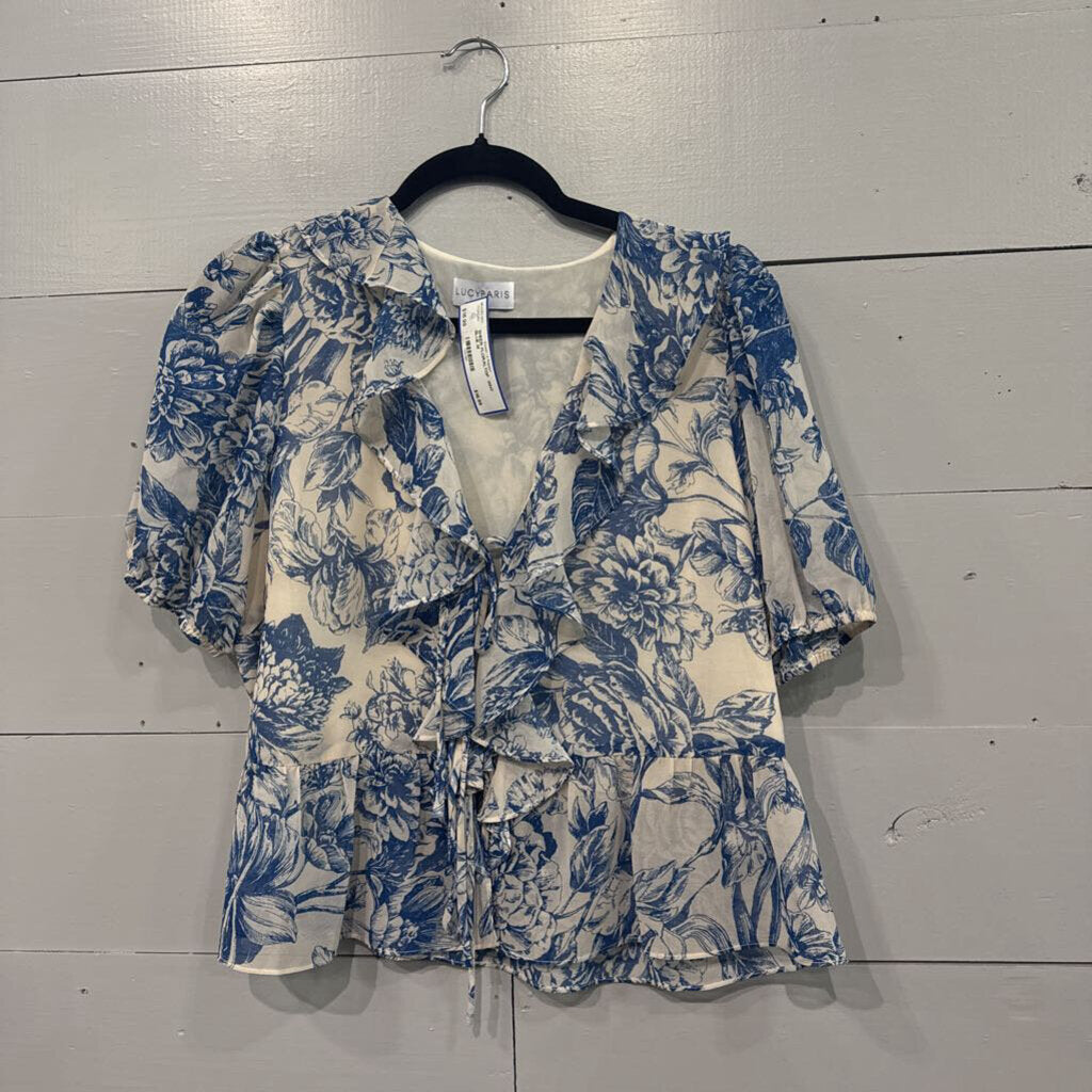 LUCY PARIS,SHEER FLORALTOP ,WHT BLUE,M