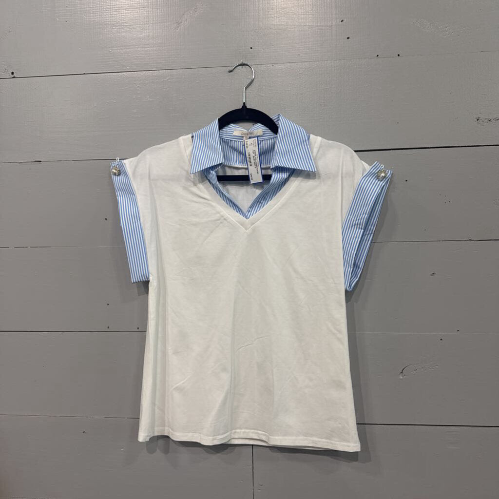 PASTEL,STRIPE COLLARED BASIC TOP , BLUE WHT,M