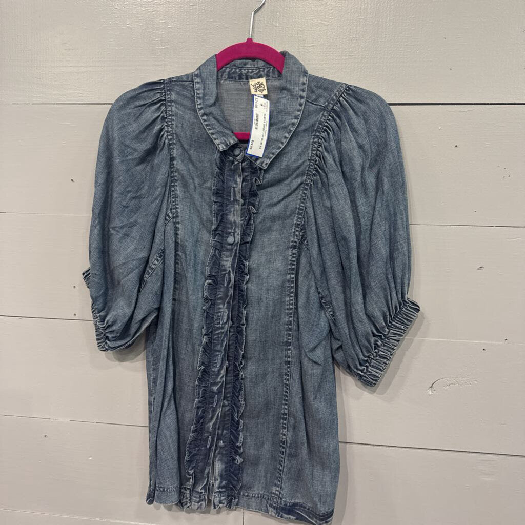IVU JANE,RUFFLE DENIM TOP,BLUE,XS