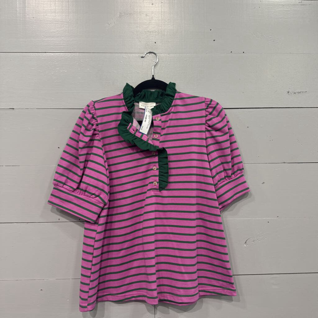 ENTRO,STRIPE RUFFLE TOP,PUR GRN ,S