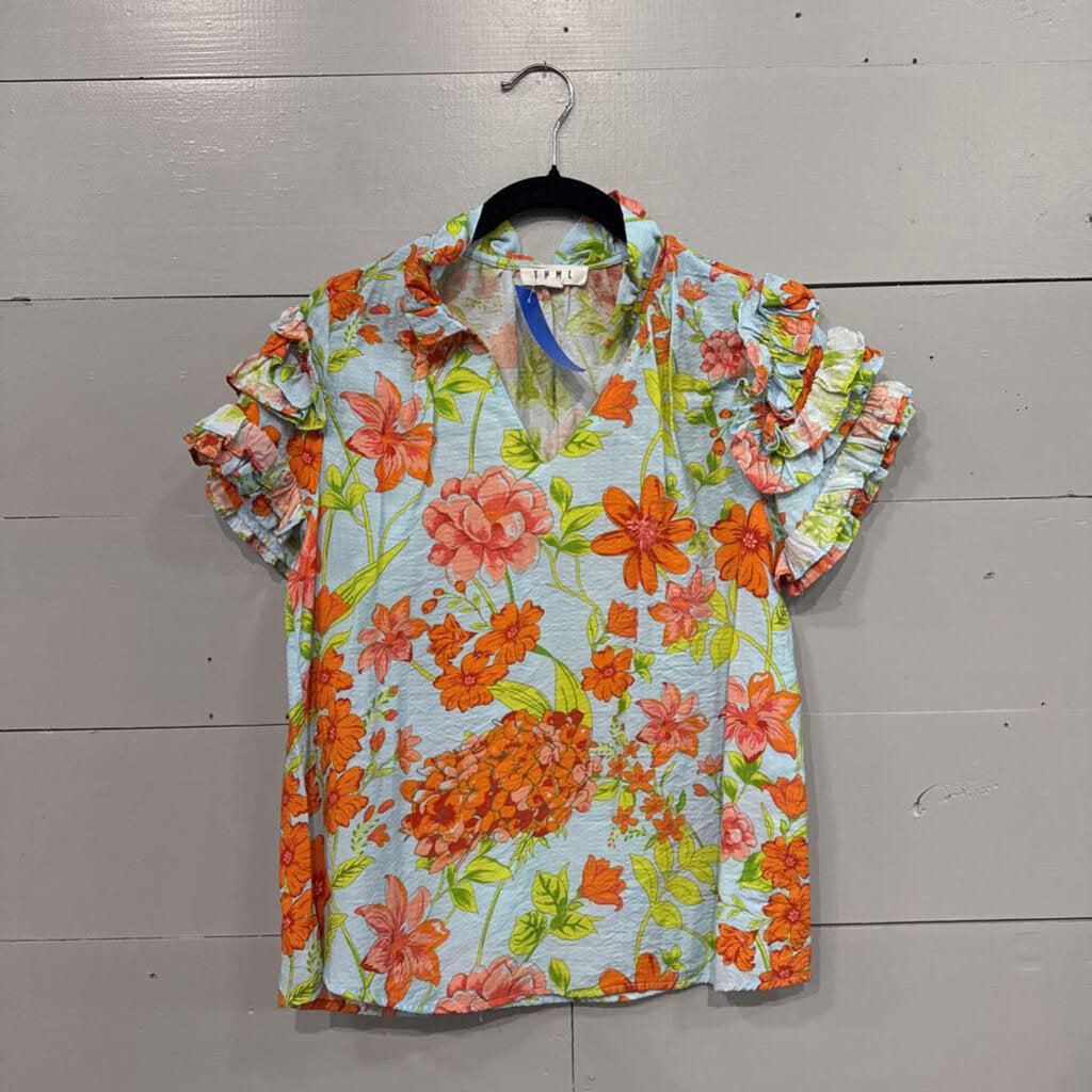 THML,FLORAL TOP ,AQUA ORG ,S