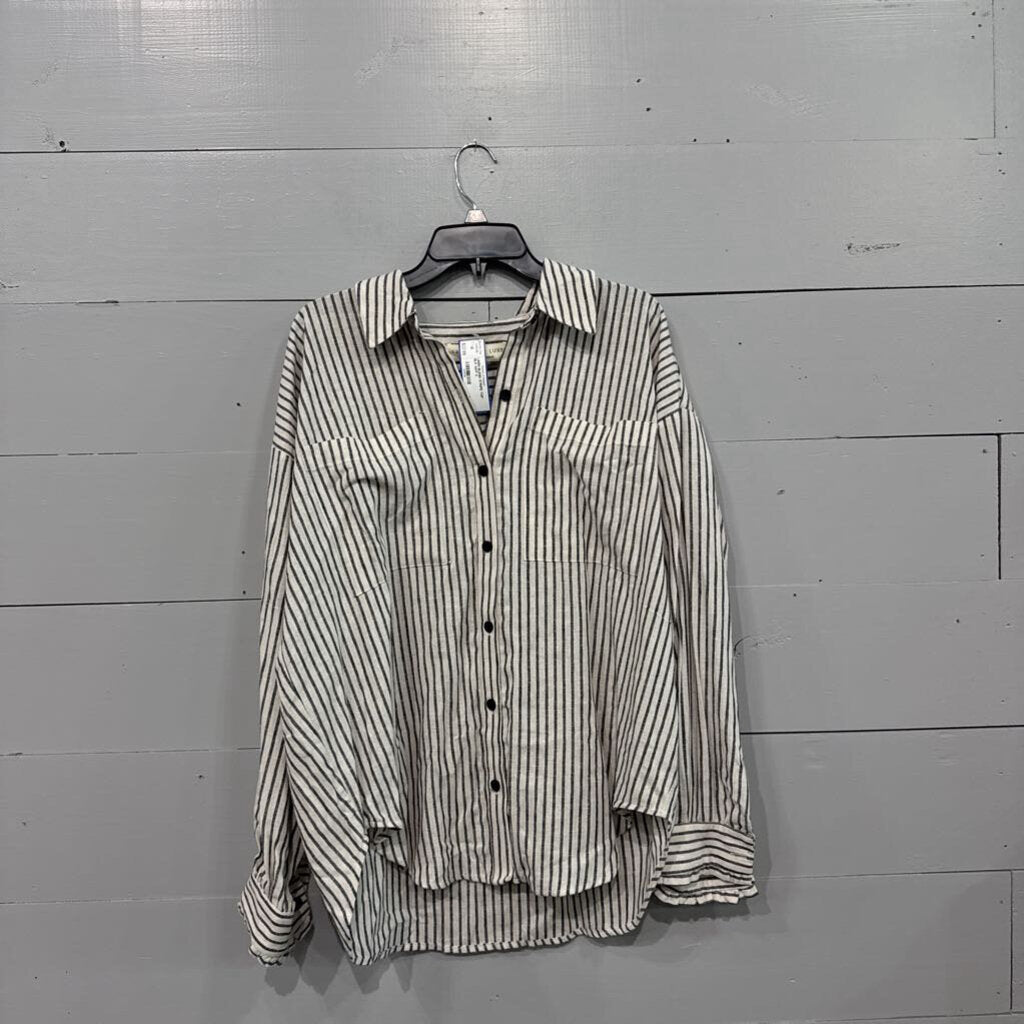 SALT WATER LUXE,LINEN BLEND STRIPE TOP ,BLK WHT,S