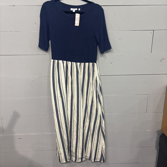 CHICO'S,RIBBED STRIPE MAXI DRESS,BLUE IVORY,M