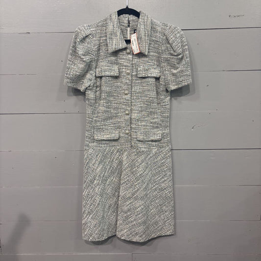 KARL LAGERFELD,TWEED BUTTON DRESS,TEAL IVORY,8