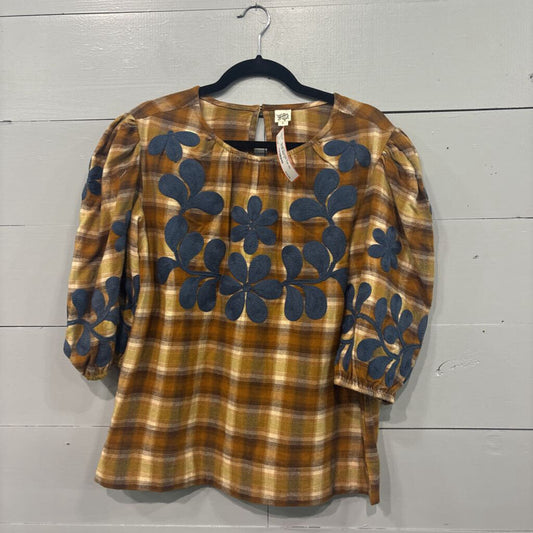 IVU JANE,PLAID FLOWER TOP,YEL BLUE GRN ,S
