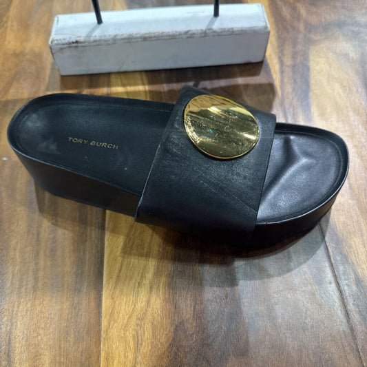 TORY BURCH,LEATHER PLATFORM SANDAL,BLK GOLD,8