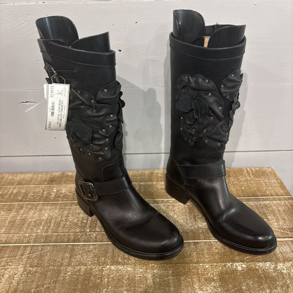 VALENTINO LEATHER RIDING ROSE BOOT ,BLACK,38.5